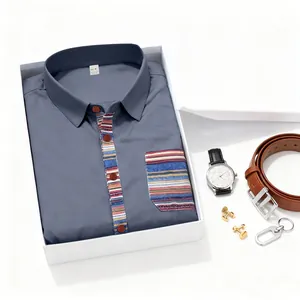 Detail view of Bohemian striped accent on men's grey short sleeve shirt