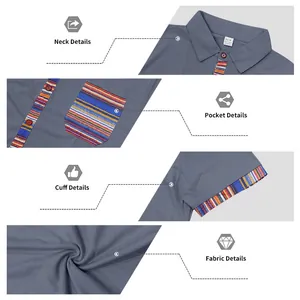 Details of men's bohemian casual shirt showing neck, pocket, cuff and grey fabric texture