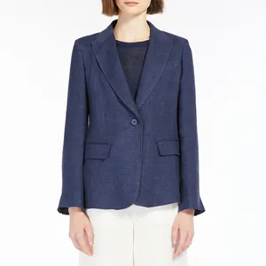 Premium navy blue linen blazer for women featuring a single Japanese resin button