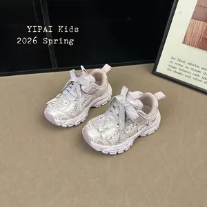 Detailed view of stylish pink mesh dad sneakers for girls, 2026 spring collection.