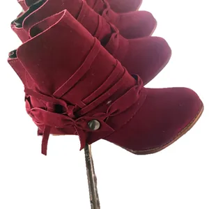 Western style burgundy round toe high heel ankle boots with back zipper and fleece lining
