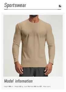 Model wearing khaki quick-dry athletic long sleeve shirt showing slim fit and size info