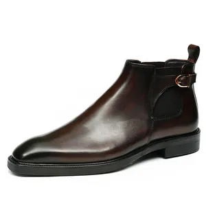 Bottines Chelsea en cuir marron poli pour hommes avec bout pointu et boucle latérale