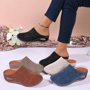 Detailed view of women's hollow wedge platform closed toe clogs in five elegant colors