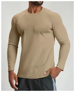 Detail showing the breathable texture and crew neck of a men's khaki long sleeve sport shirt