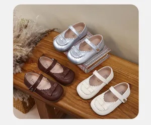 Overview of girls' Mary Jane princess shoes in silver, brown, and cream with bow details