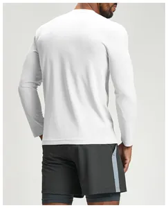 Rear view of white long-sleeve quick-dry sports shirt showing breathable mesh fabric