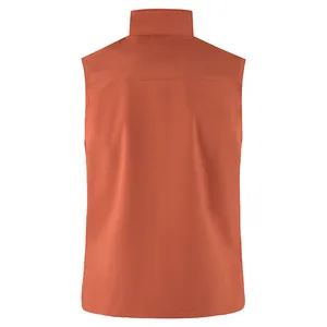 Back view of a burnt orange lightweight waterproof outdoor sports vest with high collar stand