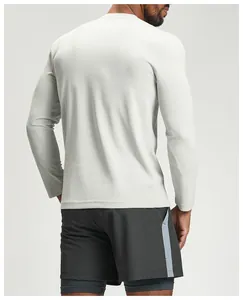 Detailed back view of a light grey breathable quick-dry long-sleeved athletic shirt for men