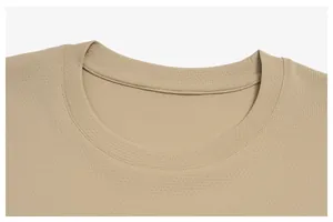 Close-up detail showing the texture of a khaki quick-dry round neck sports t-shirt neckline.