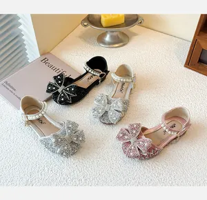 Glittery girls' princess shoes with pearl straps and rhinestone bows in 3 colors