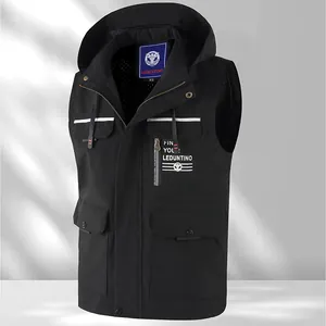 Black hooded outdoor utility vest with multi-pocket design and reflective strips.