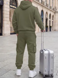 Back view of a men's olive green hooded tracksuit set featuring cargo jogger pants