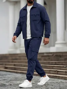 Men's high quality navy blue cargo jacket and matching pants two-piece set