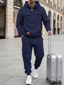 Men's navy blue autumn hooded tracksuit set with cargo pants and silver suitcase detail