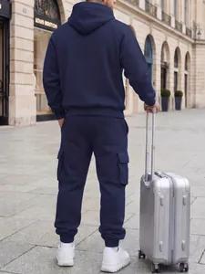 Full rear view of a navy blue men's hooded tracksuit with side-stripe cargo pants