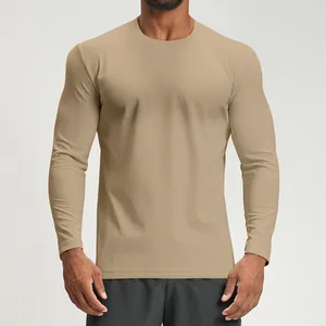 Men's quick-dry long-sleeved athletic shirt in khaki for fitness and outdoor hiking