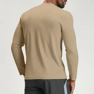 Back view of khaki quick-dry athletic long sleeve shirt for sports and hiking