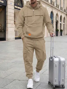 Men's khaki tracksuit set featuring a half-zip hoodie with cargo pockets and matching pants