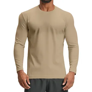 Men's khaki quick-dry athletic long-sleeve shirt for fitness and outdoor hiking activities.