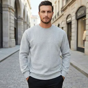 Detailed outdoor street style view of a men's light grey jacquard crewneck sweater top.