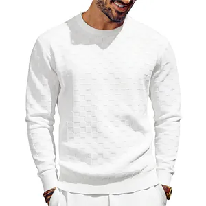 Detailed view of white men's heavyweight checkerboard jacquard long sleeve sweatshirt