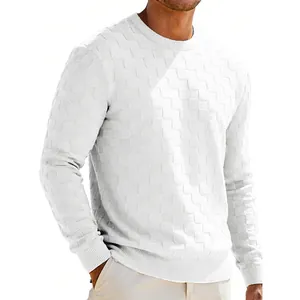 Close-up detail of the white heavy jacquard checkerboard texture on men's crewneck sweatshirt.