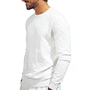 Detail view of men's heavy white crewneck sweater with checkerboard jacquard texture