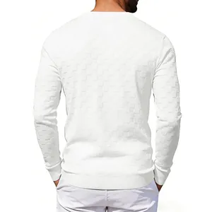 Rear view of white heavyweight crewneck sweatshirt with chessboard jacquard texture.