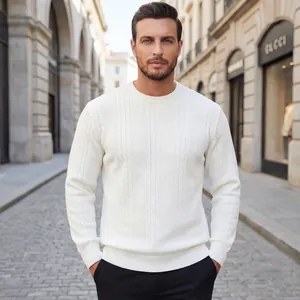 Detailed texture of a white cable knit crewneck men's sweater in autumn street setting