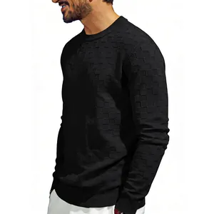Close-up of black men's sweatshirt featuring embossed chessboard jacquard texture