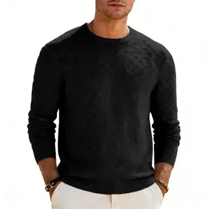 Close-up of black men's heavyweight crewneck sweatshirt with jacquard checkerboard pattern