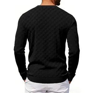 Back view of black long-sleeve sweatshirt with jacquard checkerboard pattern texture