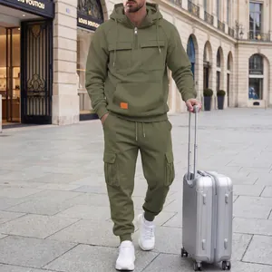 Detailed view of olive green men's cargo tracksuit set with half-zip hoodie and joggers