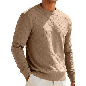 Detailed view of men's heavy beige checkerboard jacquard sweatshirt with textured pattern.