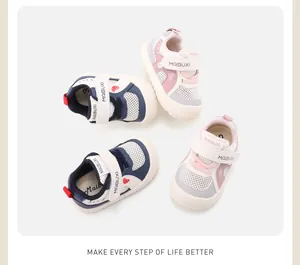 Detailed view of breathable mesh toddler sneakers in pink and navy colorways