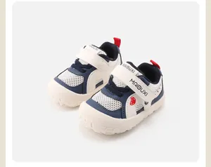 Detailed view of breathable navy and white toddler sneakers with Velcro straps