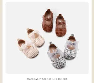 Detailed view of hollow woven baby girl princess shoes with soft soles and bows
