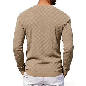 Detailed back view of a men's heavy khaki sweatshirt featuring checkered jacquard texture.