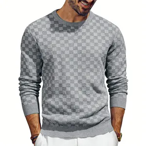 Detail view of men's grey checkerboard jacquard sweatshirt with ribbed crewneck and cuffs