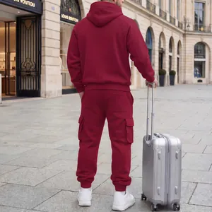 Men's burgundy hooded tracksuit set with cargo jogger pants and back view detail