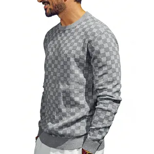 Detailed side view of a men's gray checkerboard jacquard crew neck long sleeve sweatshirt