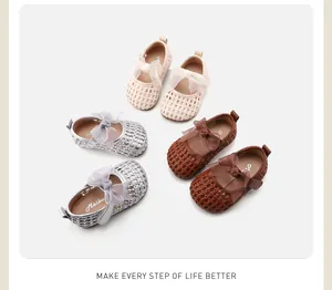 Selection of hollow woven bow princess shoes for toddler girls in beige, silver, and brown