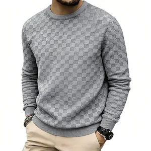 Premium grey checkerboard textured jacquard long sleeve crew neck sweatshirt for men