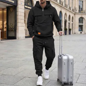 Stylish black men's hooded cargo tracksuit set for casual autumn and winter fashion