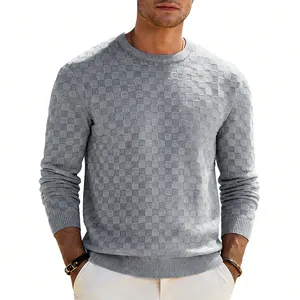 Detail shot of men's grey crew neck sweatshirt with textured jacquard checkered pattern