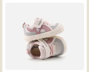Close-up detail of breathable pink mesh toddler sneakers with secure Velcro strap.