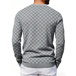 Detail back view of premium men's grey checkerboard patterned crewneck sweatshirt