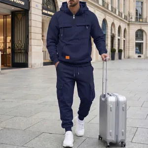 Detailed view of navy blue men's cargo tracksuit with hoodie and matching joggers