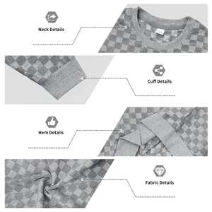 Detailed views of men's grey checkered jacquard sweatshirt neck, cuffs, and hem texture.